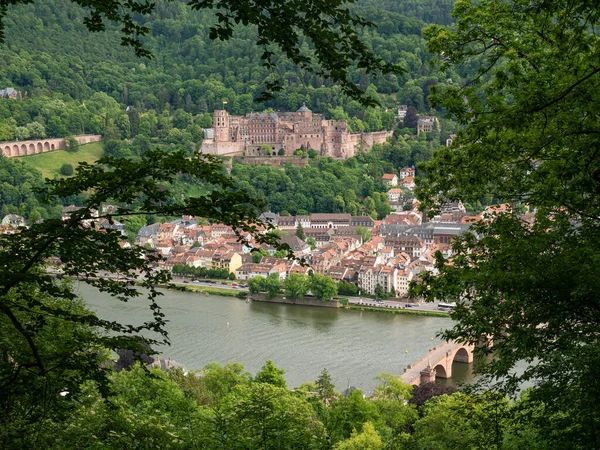 城堡和海德堡城的景观 有河流和桥梁 — 图库照片