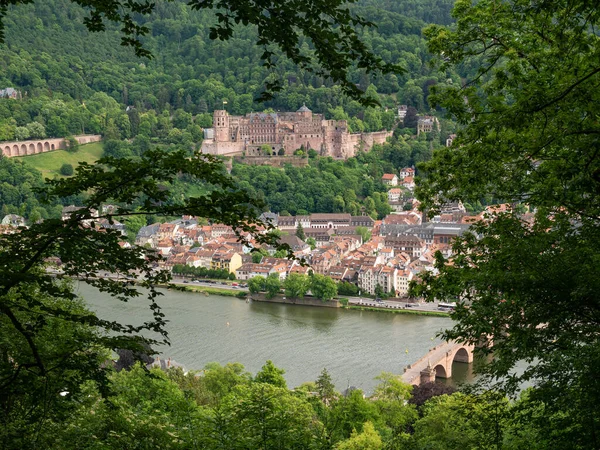 Nehir Köprüyle Kalenin Heidelberg Şehrinin Manzarası — Stok fotoğraf