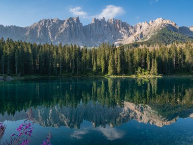 Dağ sırası ve orman kristal berrak göle yansıdı.