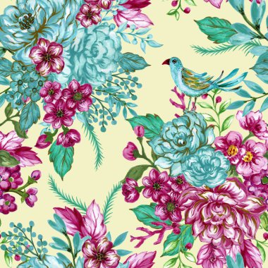 Küçük çiçek desenli, el çizimi, kusursuz romantik geçmişi olan şakayık bir gül. Kumaş, moda, tekstil, duvar kağıdı, hediye paketi için tasarlandı..