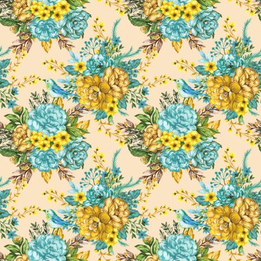 Küçük çiçek desenli, el çizimi, kusursuz romantik geçmişi olan şakayık bir gül. Kumaş, moda, tekstil, duvar kağıdı, hediye paketi için tasarlandı..