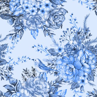 Kuş kafesleri, çiçekler ve kuşlarla kusursuz desenler. Ve çiçekler suluboya klasik sanat, klasik yabani gül tomurcukları. Kıyafet tasarımı için şablon 