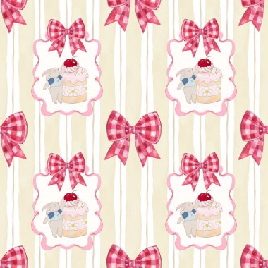 Şirin ekose desenli yay ve hayvanlı kenar. İlkbahar yaz baskısı. Cottagecore estetiği. 