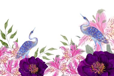 Geleneksel Çiçek açan tavus kuşu Asyalı Doğu Babür Duvarı Çin İllüstrasyonu, Japonya Bahçesi Düğün Davetiyesi Şablonu.