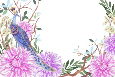 Geleneksel Çiçek açan tavus kuşu Asyalı Doğu Babür Duvarı Çin İllüstrasyonu, Japonya Bahçesi Düğün Davetiyesi Şablonu.