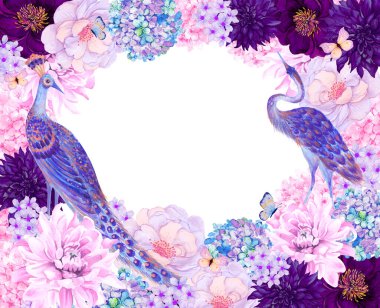 Geleneksel Çiçek açan tavus kuşu Asyalı Doğu Babür Duvarı Çin İllüstrasyonu, Japonya Bahçesi Düğün Davetiyesi Şablonu.