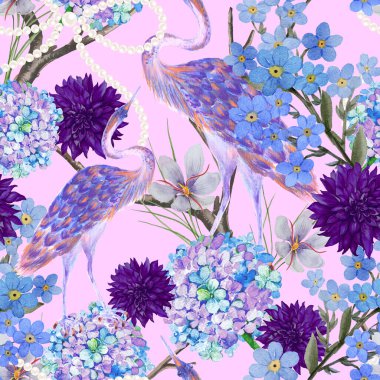 Klasik botanik bahçesi ağacı, Çin kuşları, tavus kuşu, inci, çiçek desensiz arka plan. Egzotik Çin porseleni doğu duvar resmi.