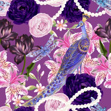 Klasik botanik bahçesi ağacı, Çin kuşları, tavus kuşu, inci, çiçek desensiz arka plan. Egzotik Çin porseleni doğu duvar resmi.