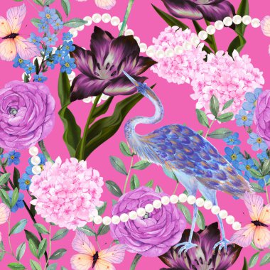 Klasik botanik bahçesi ağacı, Çin kuşları, tavus kuşu, inci, çiçek desensiz arka plan. Egzotik Çin porseleni doğu duvar resmi.