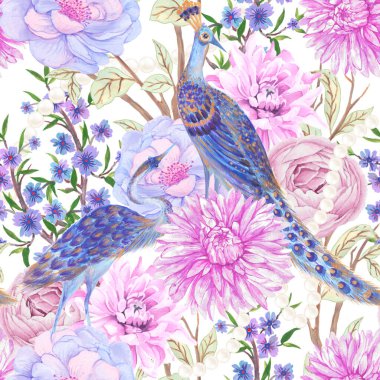 Klasik botanik bahçesi ağacı, Çin kuşları, tavus kuşu, inci, çiçek desensiz arka plan. Egzotik Çin porseleni doğu duvar resmi.