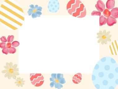 Güzel yumurtalı Paskalya çelengi, renkli şeker, sevimli çiçekler, yapraklar. Dekoratif çerçeve sınır afişi. Tebrik kartı, logo, etiket tasarla