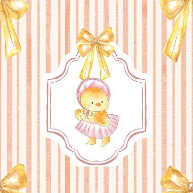 Suluboya şirin el yapımı hayvan yavrusu. karakter küçük tavuk bebek partisi, Paskalya, kır evi çekirdek kurdele yayı illüstrasyonu arka plan tekrarı