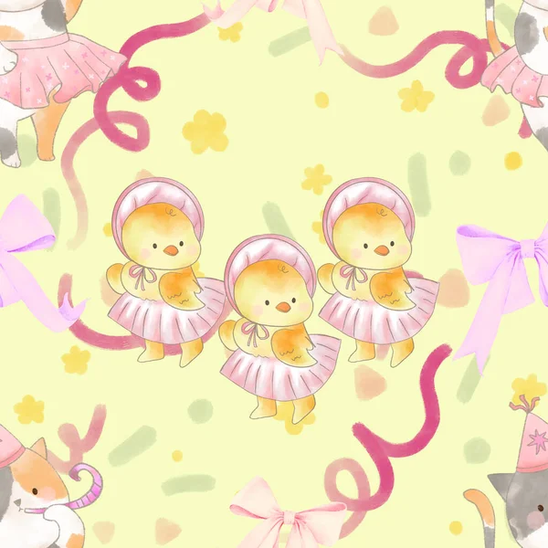 Suluboya şirin el çizimi hayvan yavrusu küçük tavuk bebek partisi, Paskalya, mutlu yıllar parti illüstrasyonları arka plan tekrarı