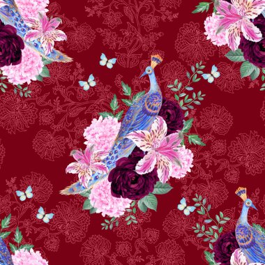 Bahar mevsimi çiçek desenli geleneksel ay çiçeği hediye kartı zarif şakayık çiçekleri, çiçek sakuraları pembe çiçekler, yaprak tavus kuşu, turna kuşu Çin yeni yıl bayrağı, şans sembolü