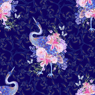 Bahar mevsimi çiçek desenli geleneksel ay çiçeği hediye kartı zarif şakayık çiçekleri, çiçek sakuraları pembe çiçekler, yaprak tavus kuşu, turna kuşu Çin yeni yıl bayrağı, şans sembolü