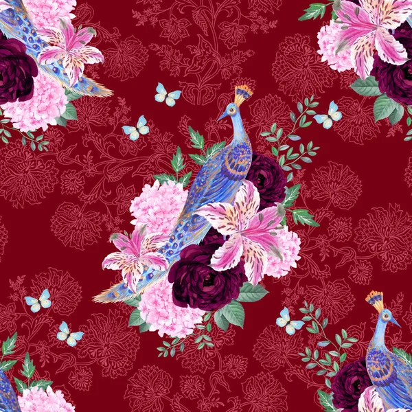 Bahar mevsimi çiçek desenli geleneksel ay çiçeği hediye kartı zarif şakayık çiçekleri, çiçek sakuraları pembe çiçekler, yaprak tavus kuşu, turna kuşu Çin yeni yıl bayrağı, şans sembolü