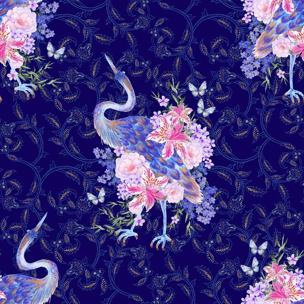 Bahar mevsimi çiçek desenli geleneksel ay çiçeği hediye kartı zarif şakayık çiçekleri, çiçek sakuraları pembe çiçekler, yaprak tavus kuşu, turna kuşu Çin yeni yıl bayrağı, şans sembolü