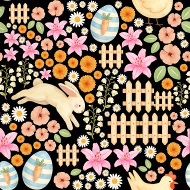 Küçük çiçeklerin cazibesi pastel renklerde çiftlik evi, küçük hayvan desensiz çiçek desenli siyah arka plan