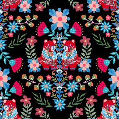 Motif kabile tarzı arka planda soyut ve kaprisli hayvanlar topluluğu.