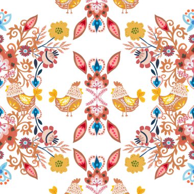 Motif kabile tarzı arka planda soyut ve kaprisli hayvanlar topluluğu.