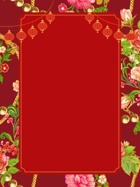 Kırmızı arka planda mutlu Çin Yeni Yılı çiçek açma motifleri tebrik kartı, afiş, poster, sosyal medya, promosyon