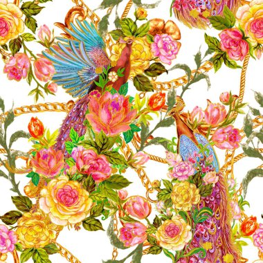 Geleneksel suluboya arkaplan, zarif şakayık, çiçek açan tavus kuşlarının zarif çini desenli senfonisi, gül çiçeği çiçekleri motifleri tekrarla