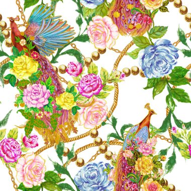 Geleneksel suluboya arkaplan, zarif şakayık, çiçek açan tavus kuşlarının zarif çini desenli senfonisi, gül çiçeği çiçekleri motifleri tekrarla