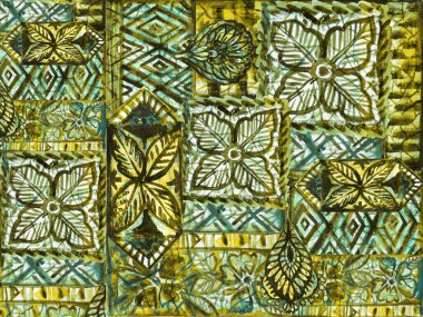 El Boyalı Su Boyası Tropikal Orman Sarı Kusursuz Şablon, Etnik Aztek Meksika kabilesinin çiçek desenleri Arka planı, Hawaii Ormanı Doku, Botanik Döşeme Tasarımı, Egzotik Dekoratif Yüzey Tasarımı