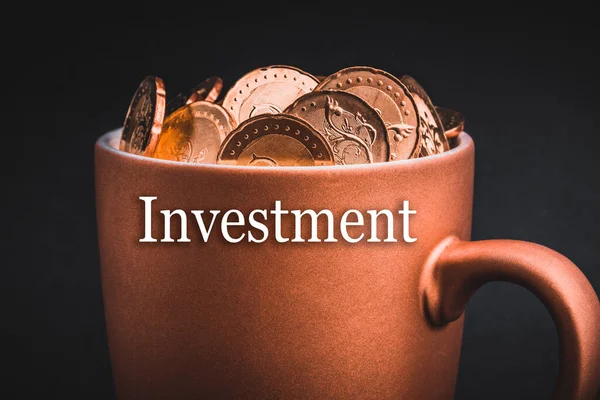 Investment Text Coins Cups Black Background Tax Savings Profit Investment — Zdjęcie stockowe