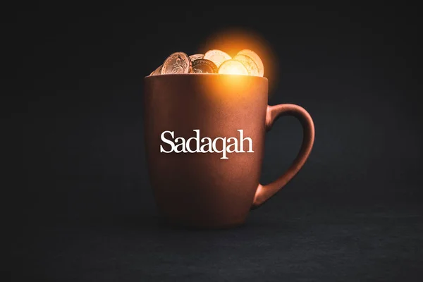 Sadaqah Charity Gift Text Coins Cups Black Background Charity Concept Obrazy Stockowe bez tantiem