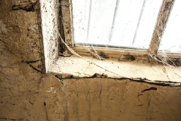 Starych zakurzonych okna w ścianie z pajęczyna — Zdjęcie stockowe