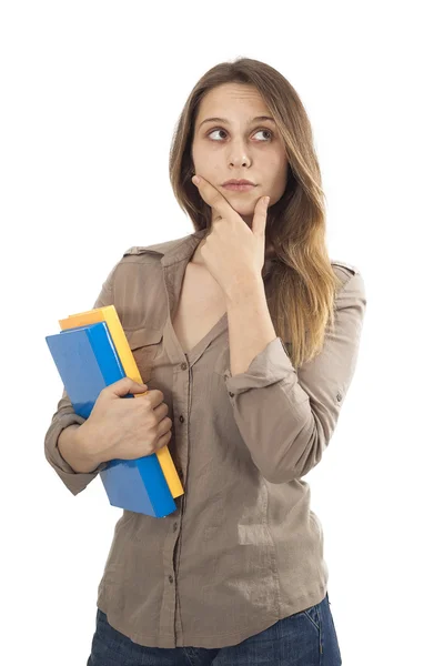 Pensando estudiante chica en aislado fondo —  Fotos de Stock