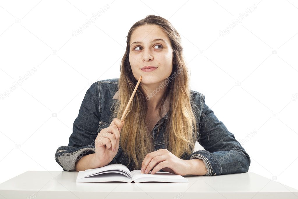 Thinking student girl on isolated background ⬇ Stock Photo ...