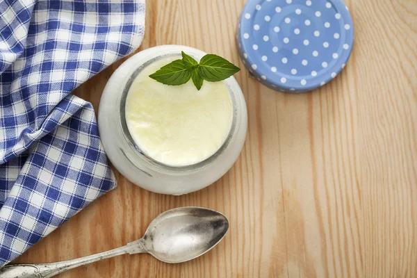 Homemade yogurt on wooden table — Stock Photo, Image