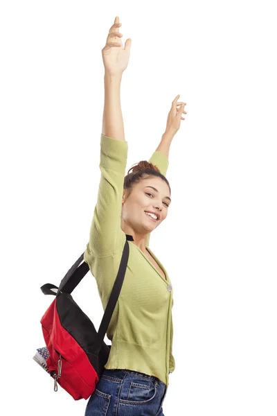 Πορτρέτο της ευτυχισμένος φοιτητής με τα χέρια υψωμένα στον αέρα — Φωτογραφία Αρχείου