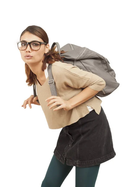 Studente ragazza con pesante schoolbag — Foto Stock