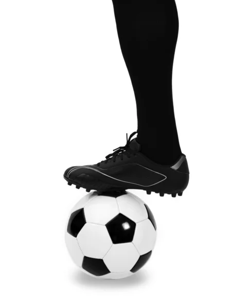 Leg of soccer player with ball on white — Stock Photo, Image