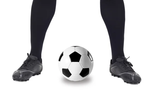 Legs of soccer player with ball on white — Stock Photo, Image