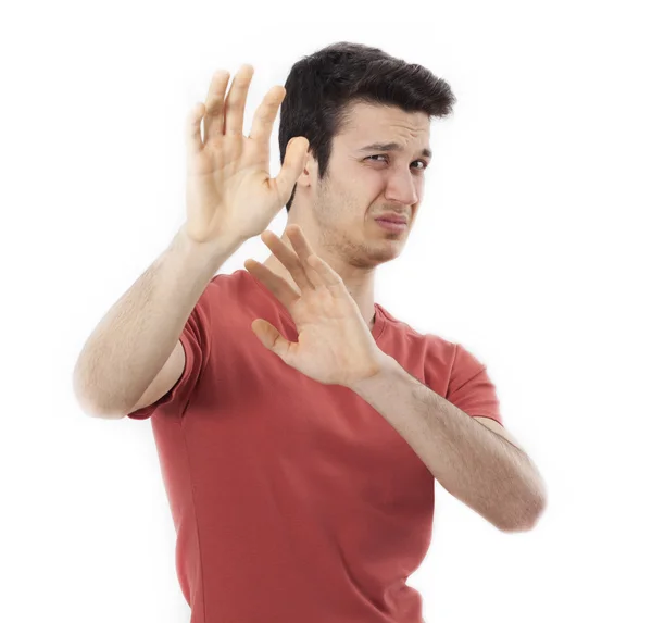 Closeup portrait of scared man raising hands up in defense — Stock Photo, Image