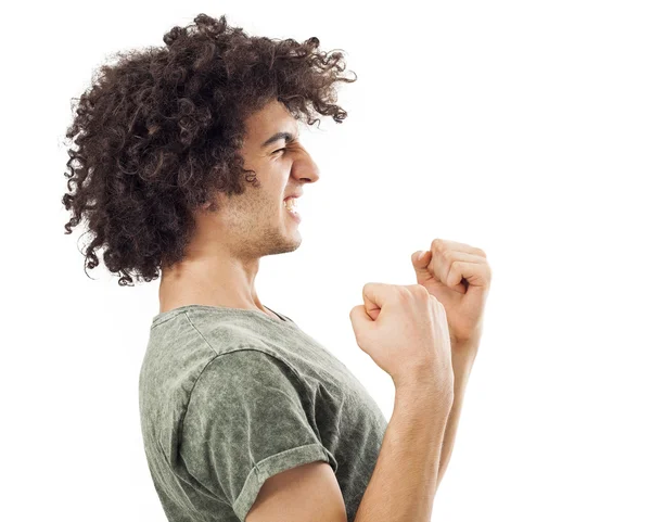 Portret van een jonge man met haar aan de orde gesteld vuist — Stockfoto