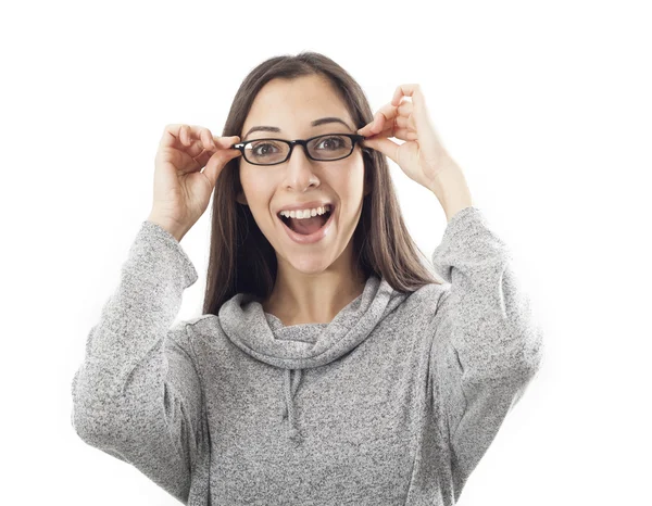 Mladá žena hospodářství brýle — Stock fotografie
