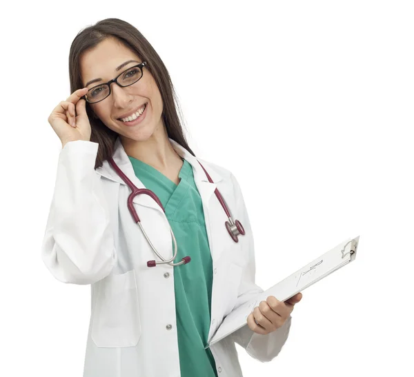 Leende läkare kvinna på vit — Stockfoto