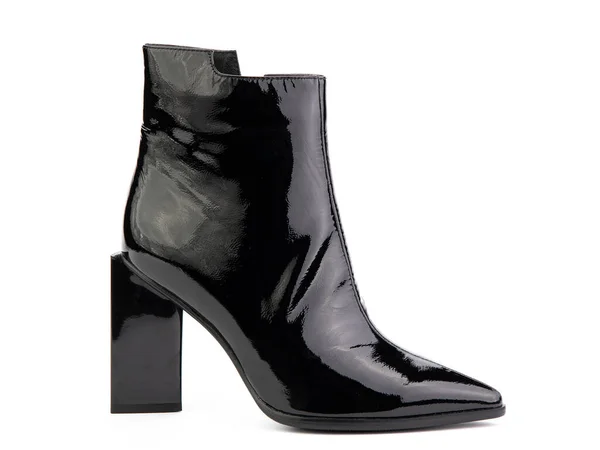 Women Autumn Ankle Black Leather Boots Black Zip Average Heels — Stock Photo, Image