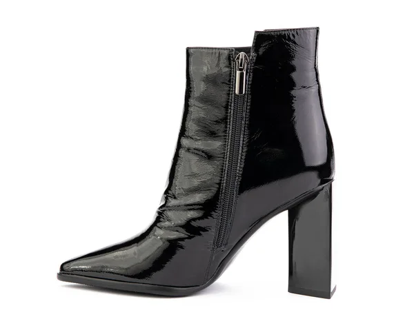 Women Autumn Ankle Black Leather Boots Black Zip Average Heels — Stock Photo, Image