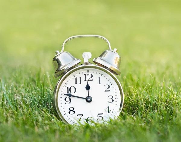 緑の牧草地の草の上の目覚まし時計のクローズ アップ — ストック写真