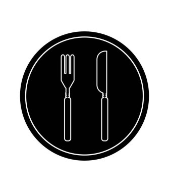 Beyaz zemin üzerinde çatal ve bıçak simgeleri olan siyah plaka