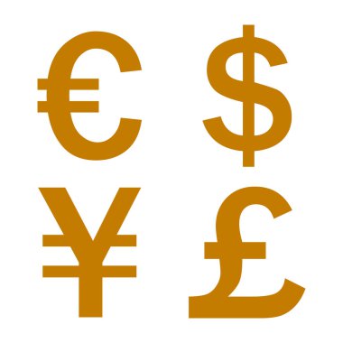 Beyaz arkaplanda dolar, pound, euro, yuan simgesi vektörü, turuncu semboller