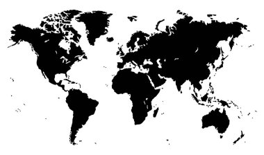 Beyaz arkaplanda dünyanın siyah düzlem haritası