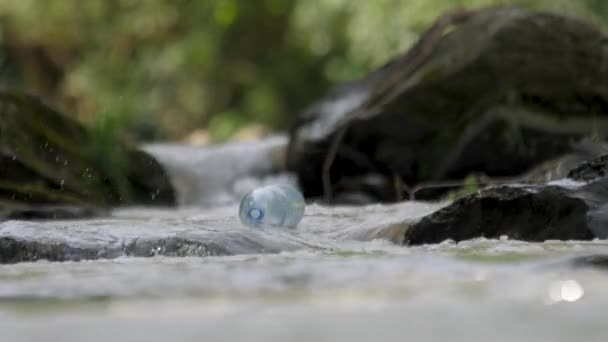 自然界中的塑料垃圾清理废水.义工的手从山河中捡起一个塑料瓶.环保志愿者清理森林河流.捡垃圾水 — 图库视频影像