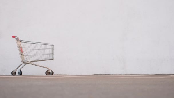 Side view grocery cart standing mall store shopping concept. Purchase merchandise. Empty cart hand supermarket shopping trolley. Background shopping cart trolley supermarket hand customer shop design — Stock Video